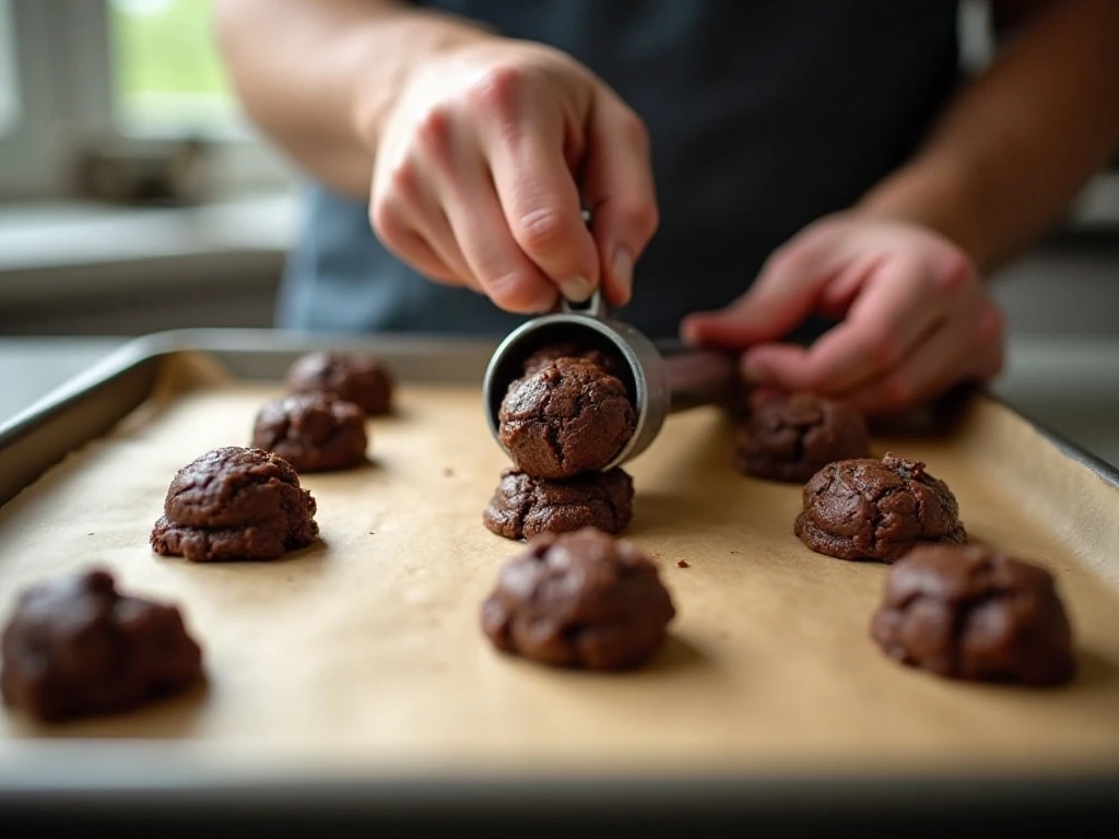 Scooping double chocolate cookie dough onto a parchment-lined baking sheet