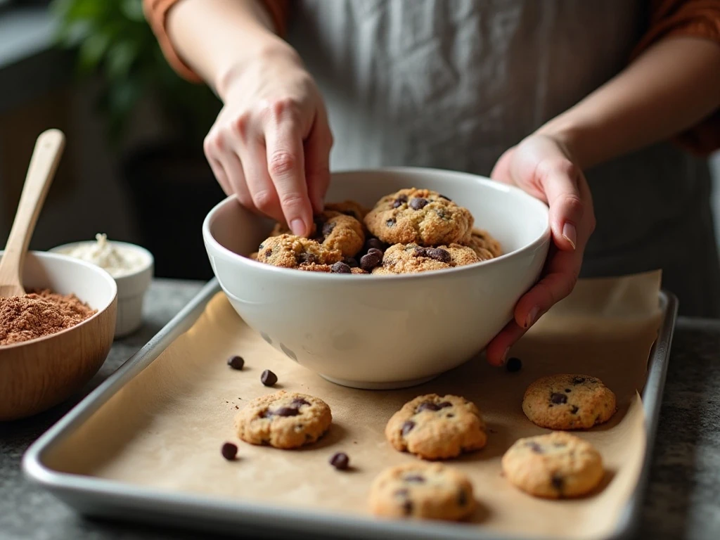 Preparing double chocolate espresso cookie dough with chocolate chips
