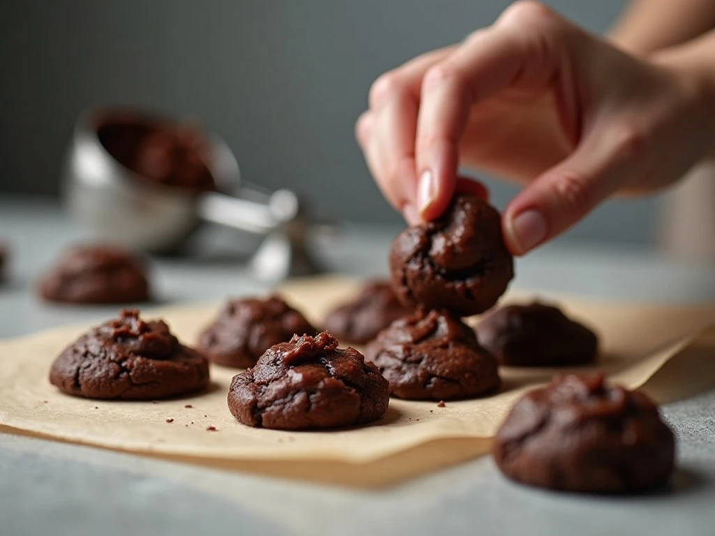 Scooping chilled dough for thick chewy chocolate cookies
