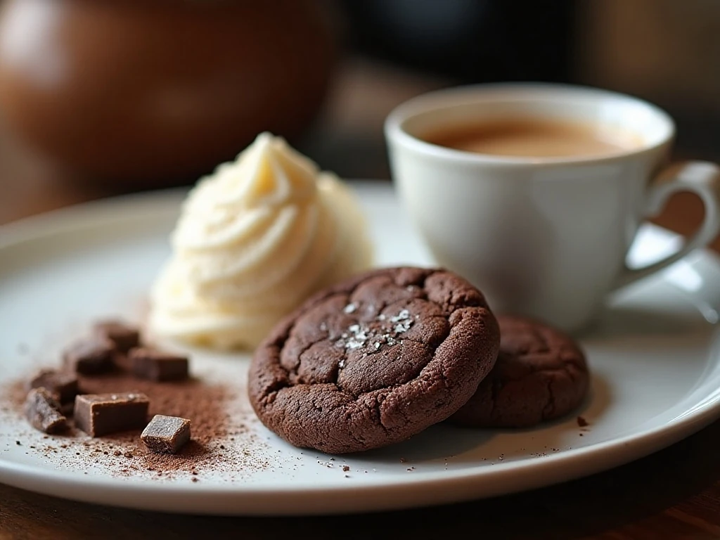 Double chocolate espresso cookies served with vanilla ice cream and coffee