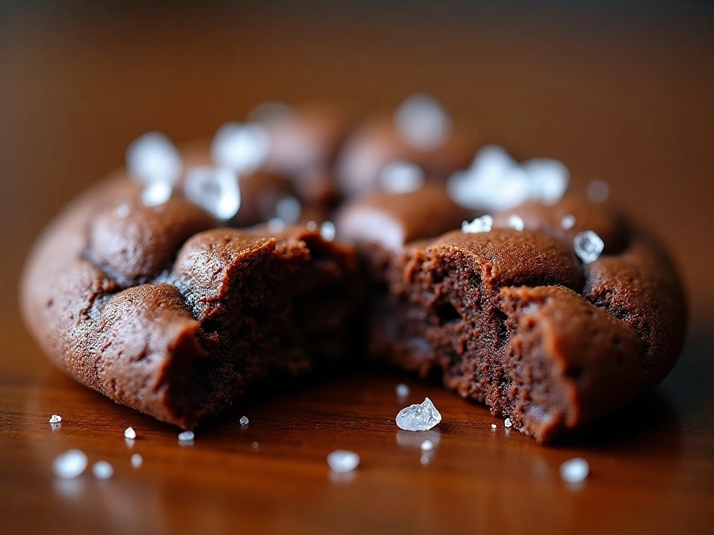 Fudgy center and flaky salt on a double chocolate espresso cookie