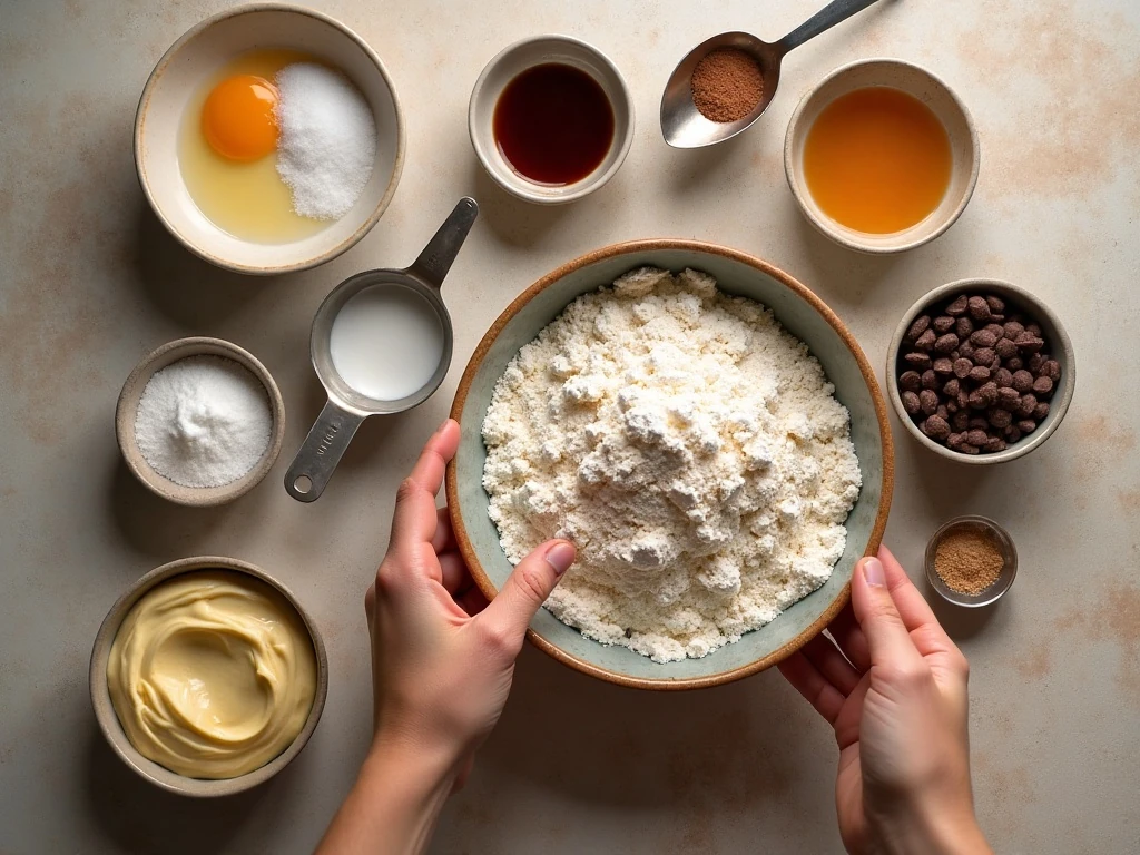 Measured ingredients for double chocolate mayonnaise cake and cocoa frosting