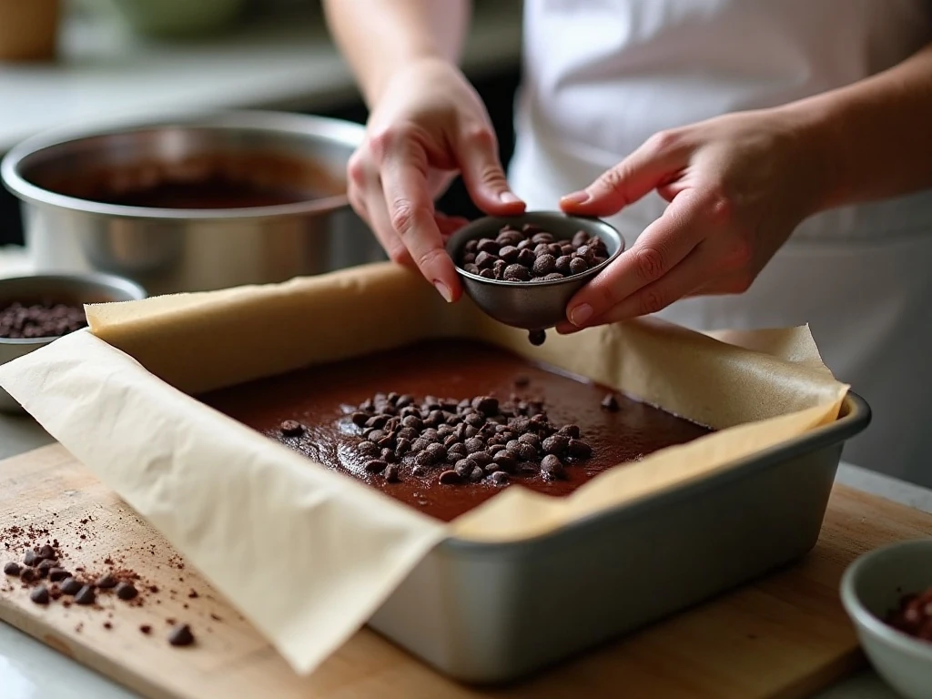 Folding chocolate chips into mayonnaise cake batter