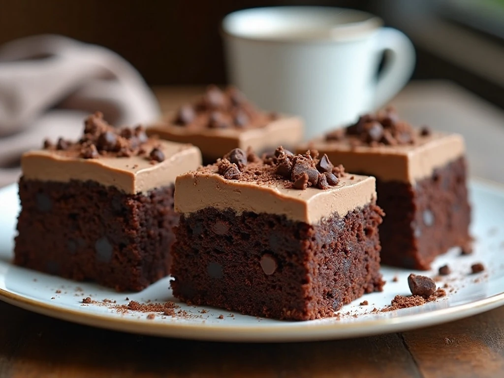 Frosted double chocolate mayonnaise cake cut into squares