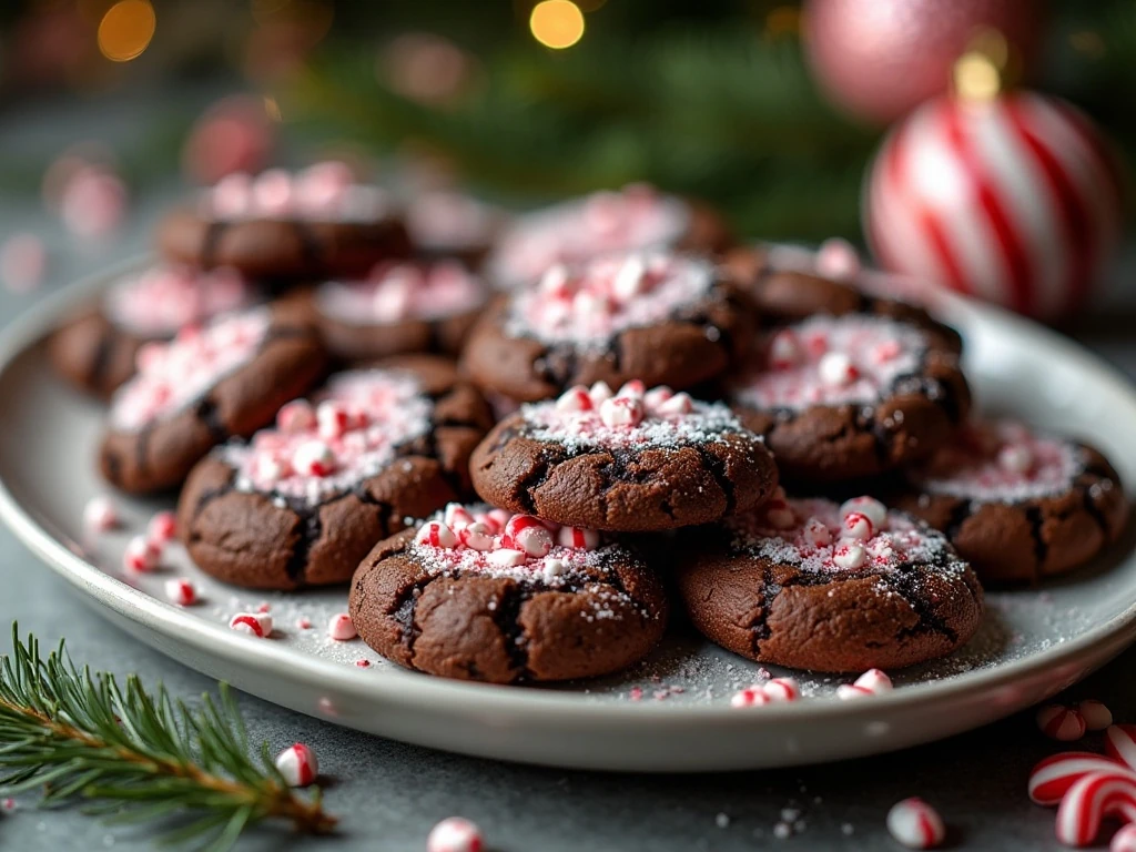 Double chocolate peppermint bark cookies arranged on a holiday platter