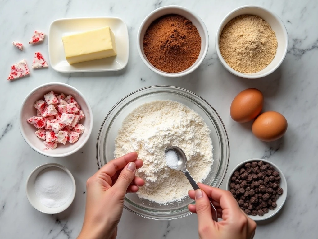Ingredients for double chocolate peppermint bark cookies