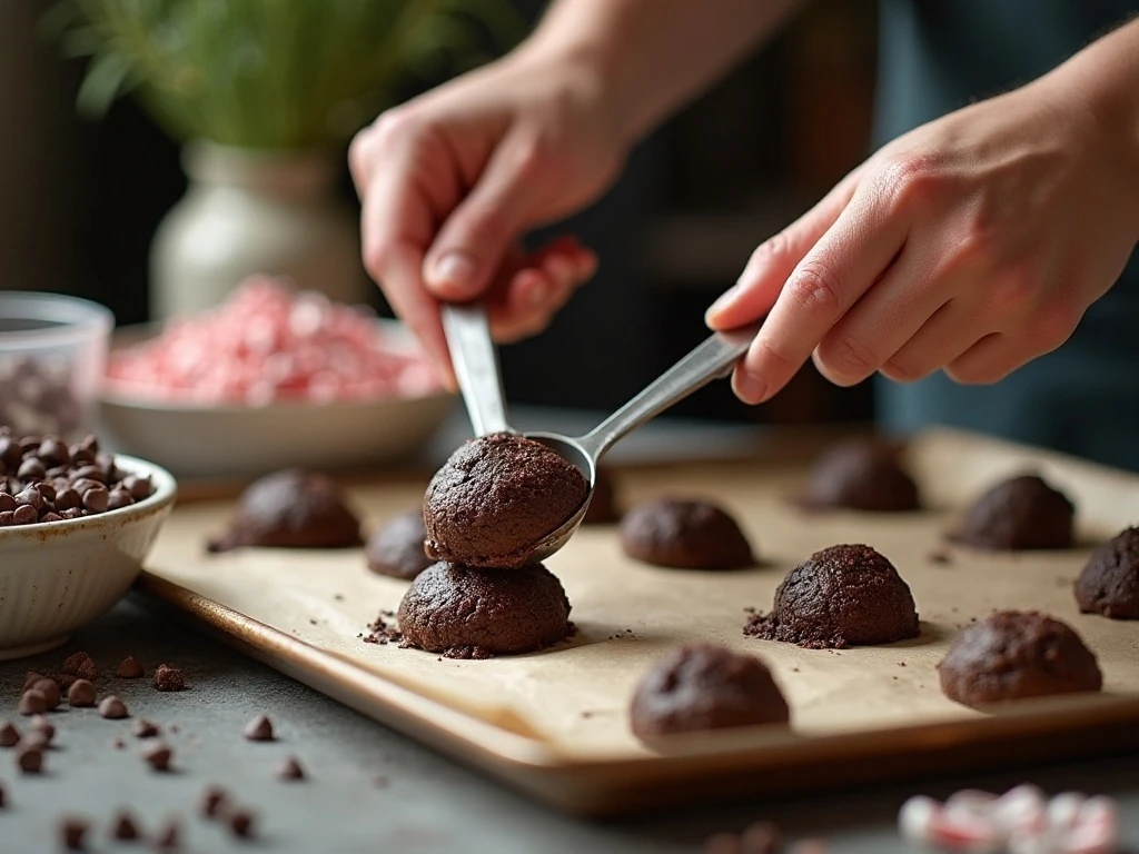 Scooping chocolate cookie dough onto a parchment-lined baking sheet