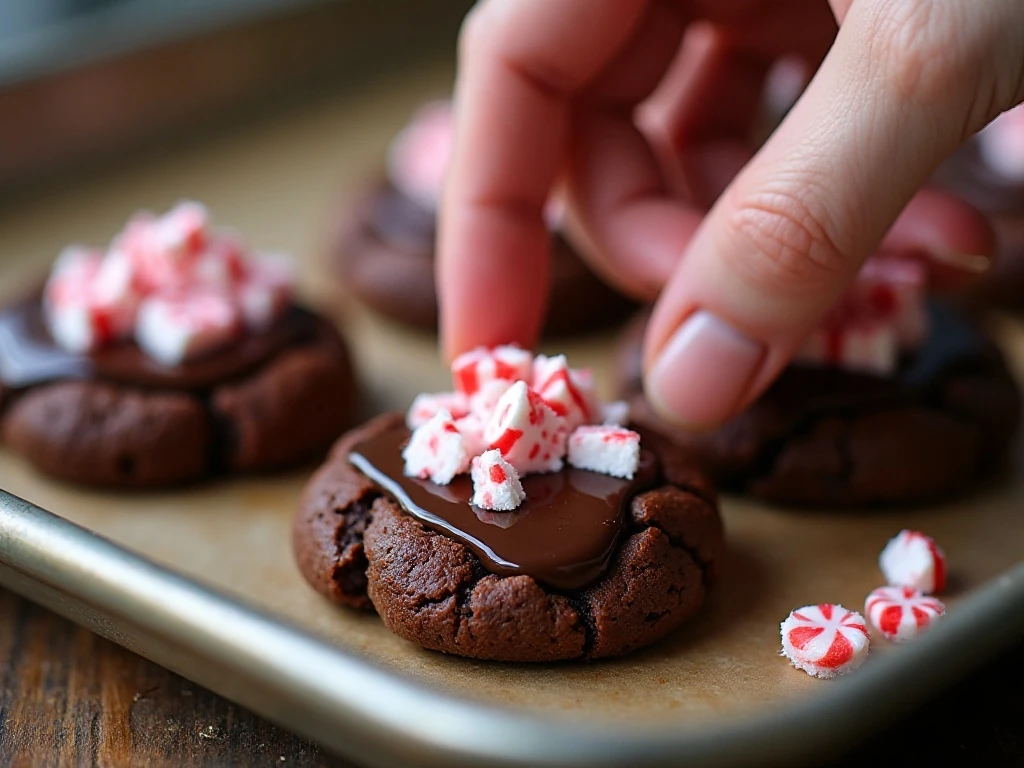 Peppermint bark pressed onto warm chocolate cookies
