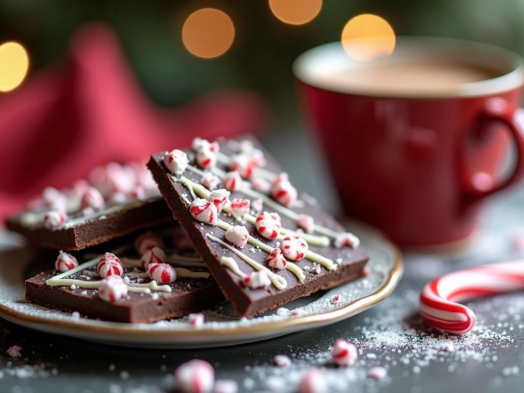 Chocolate peppermint cookies decorated with candy cane and white chocolate
