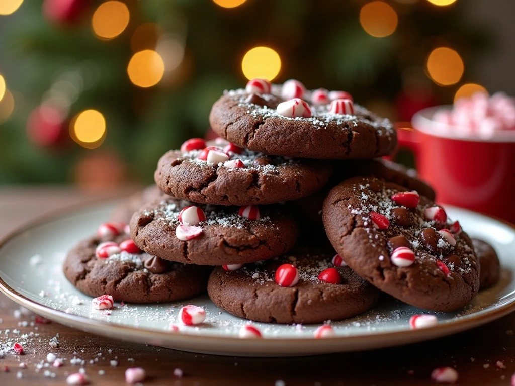 Stack of double chocolate peppermint crunch cookies with chocolate chips and candy pieces