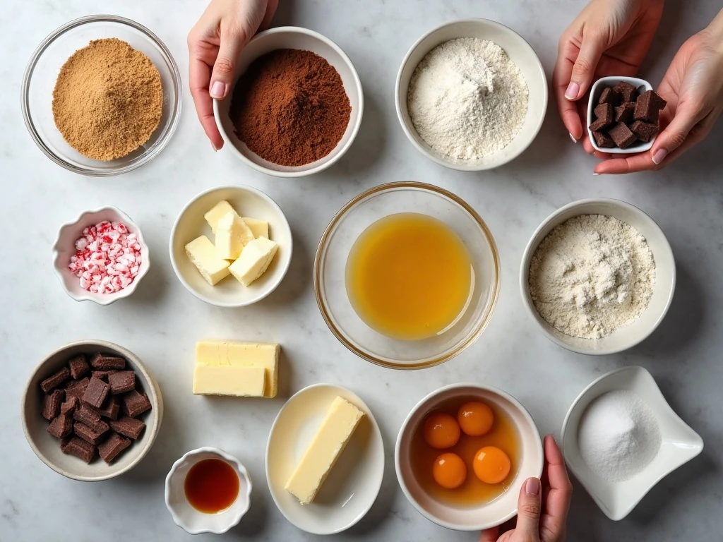 Ingredients for double chocolate peppermint crunch cookies