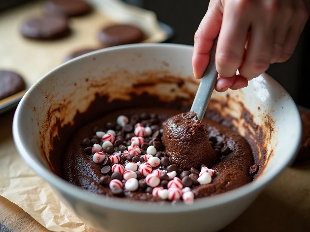 Folding chocolate chips and peppermint pieces into cookie dough