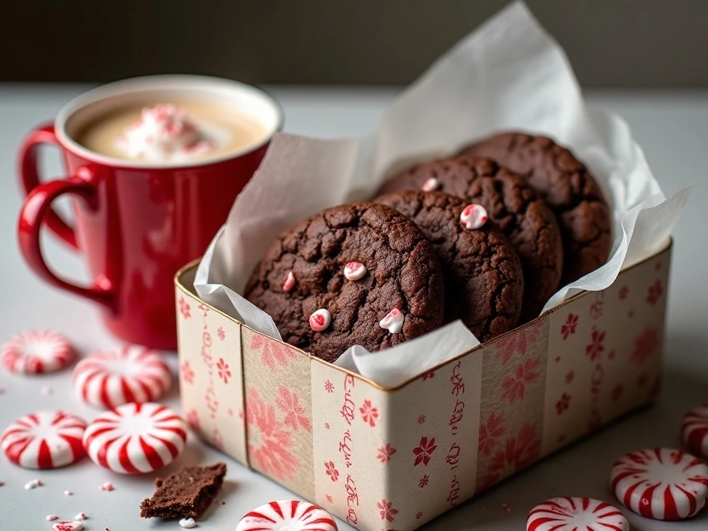 Peppermint chocolate cookies arranged in a holiday gift tin