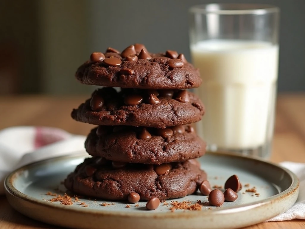 Stack of soft and chewy double chocolate pudding cookies served with milk