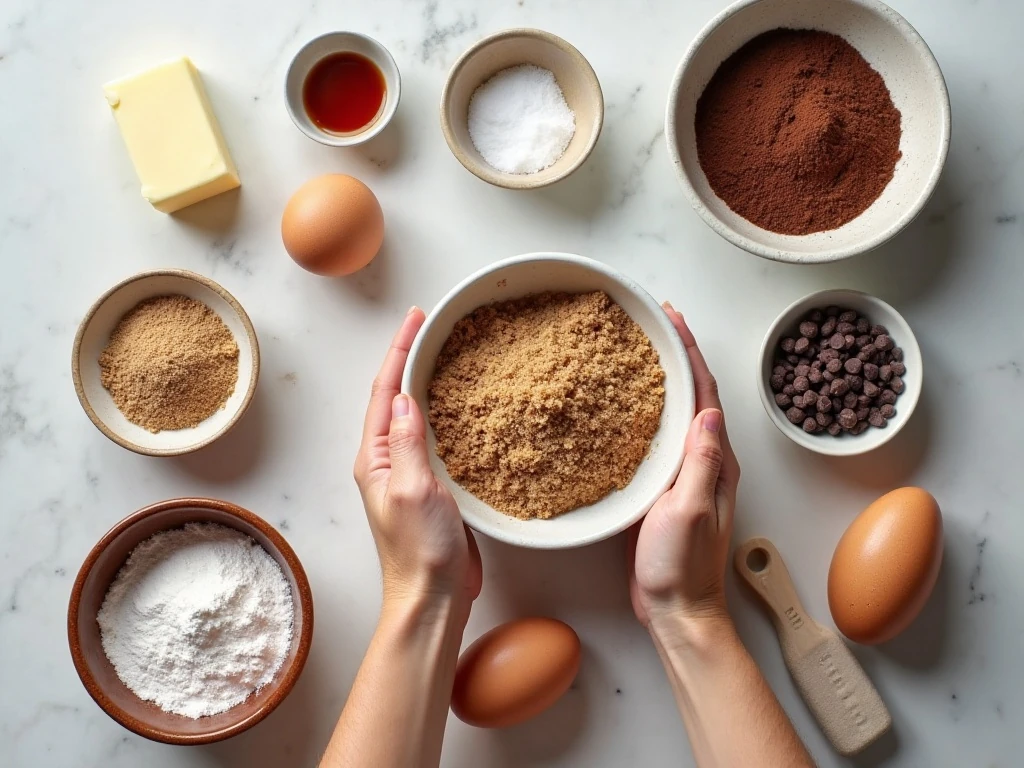 Ingredients for double chocolate pudding cookies arranged for baking