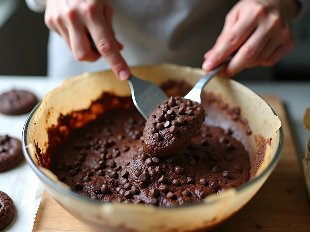 Chocolate chips being folded into double chocolate cookie dough