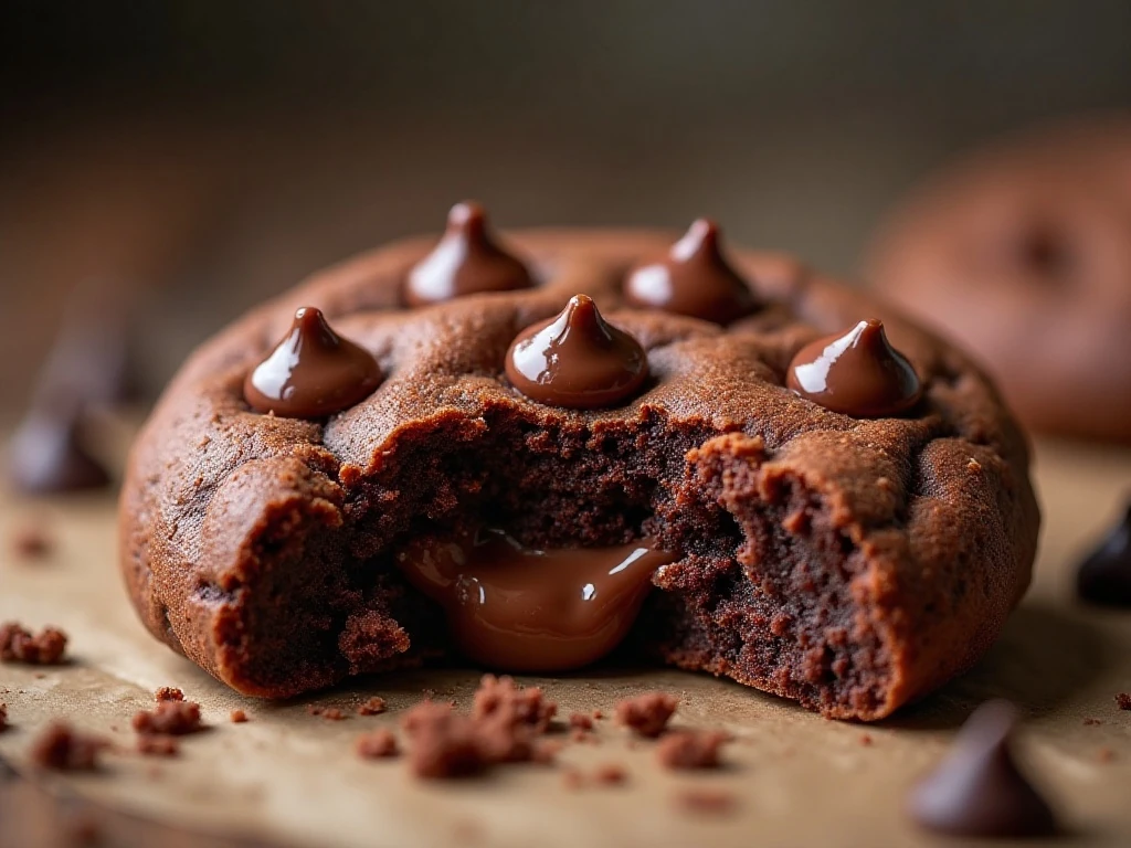Close-up of a chewy chocolate cookie center with melted chocolate chips