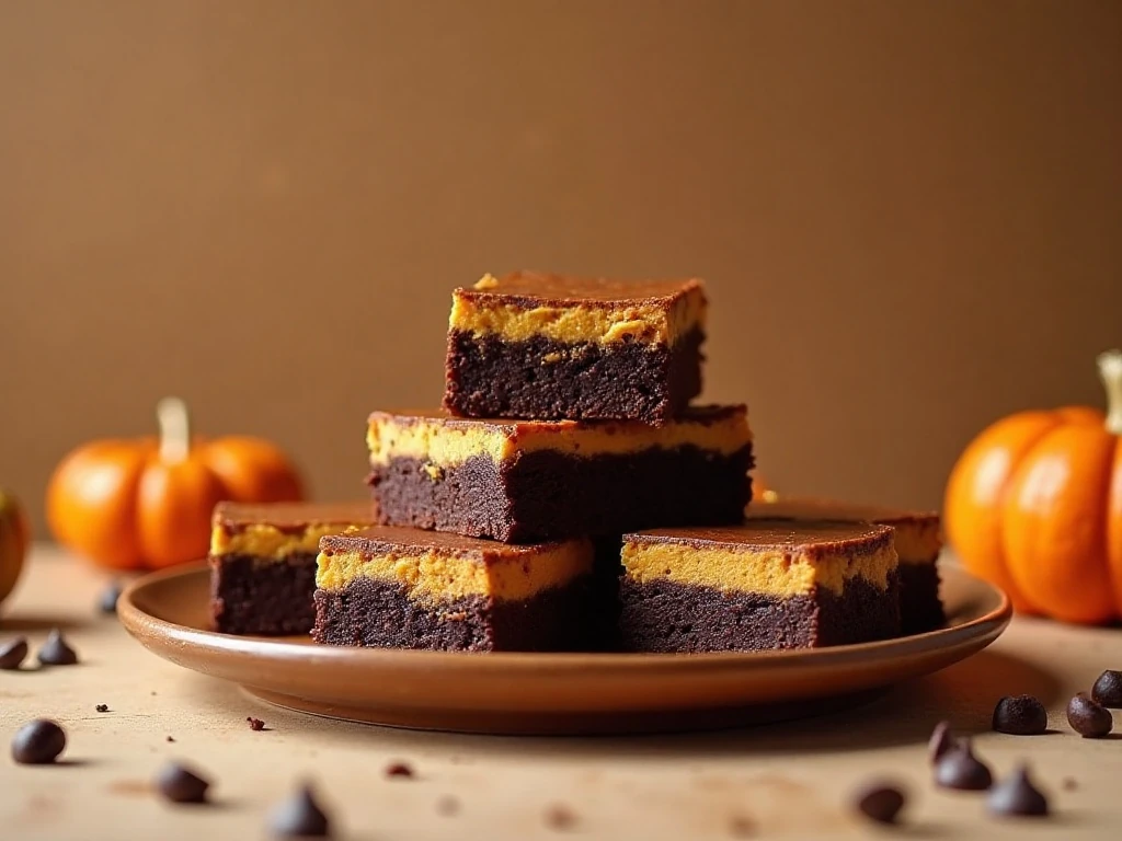 Stacked double chocolate pumpkin cheesecake brownies with visible chocolate and pumpkin layers