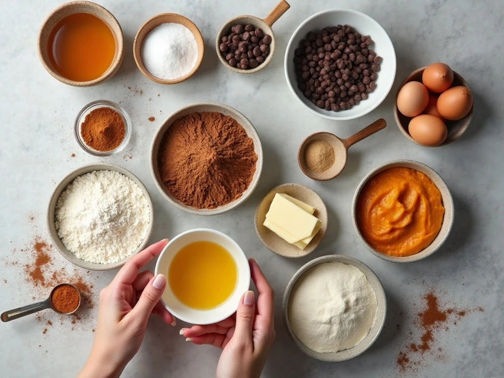 Ingredients for double chocolate pumpkin cheesecake brownies arranged for baking