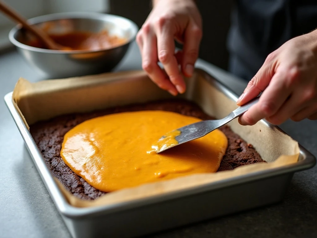 Spreading pumpkin cheesecake filling over brownie batter in a baking pan