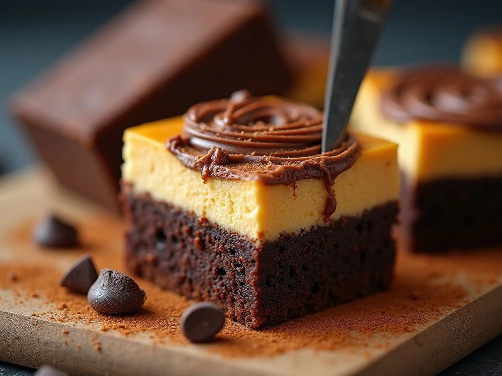 Close-up of the fudgy chocolate and pumpkin cheesecake layers in a brownie