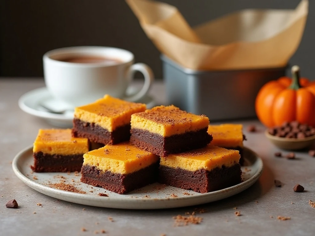 Pumpkin cheesecake brownies served with hot chocolate for an autumn dessert