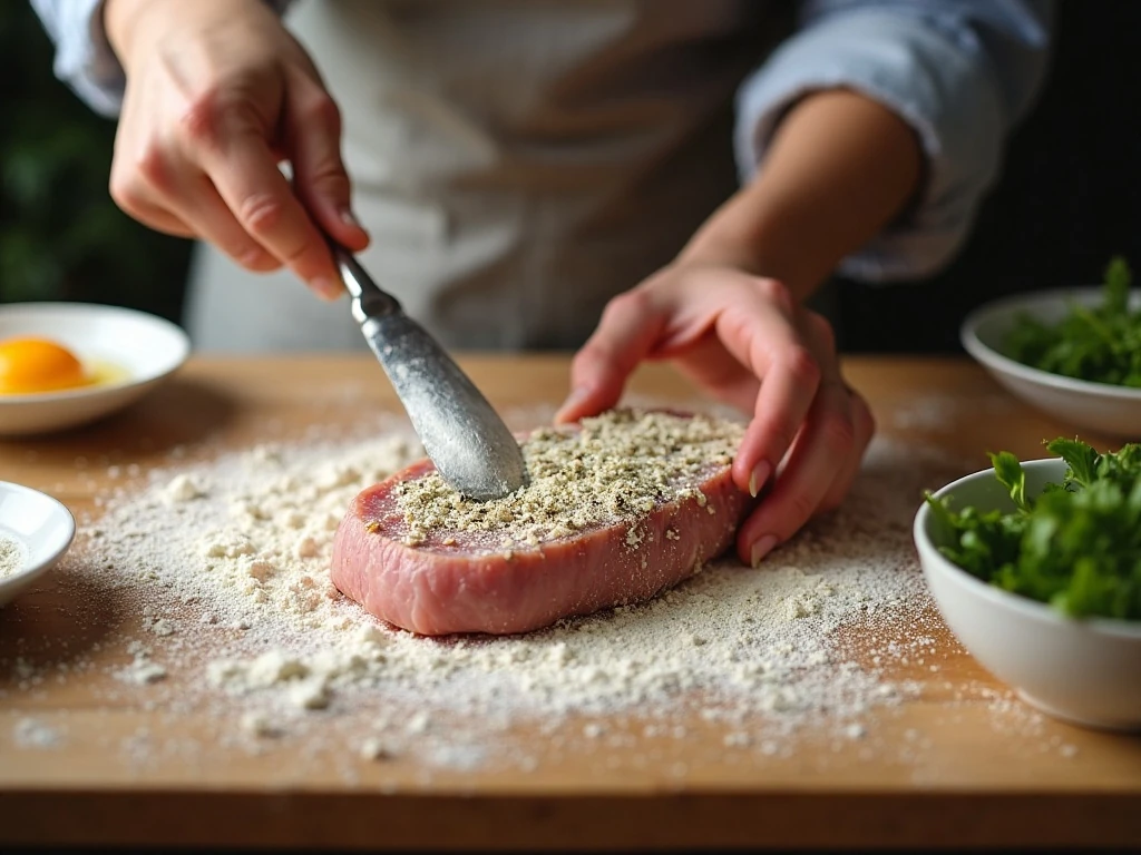 Pork chop receiving the second seasoned flour coating