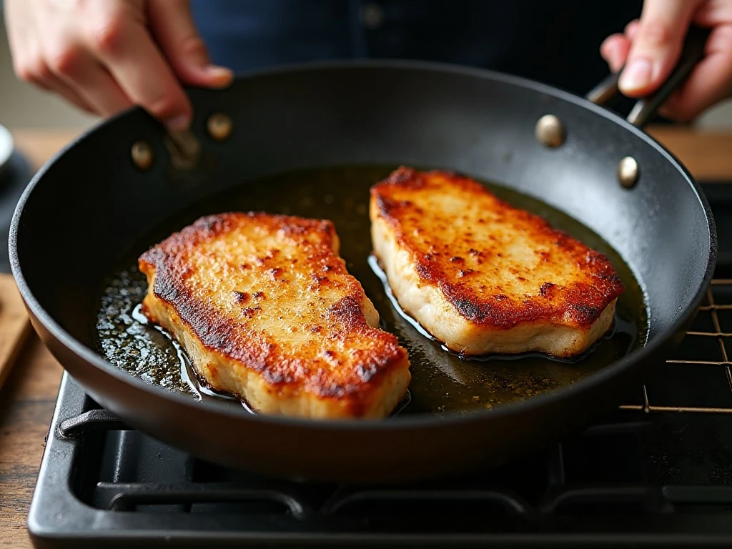 Pork chops frying in batches for a crisp crust