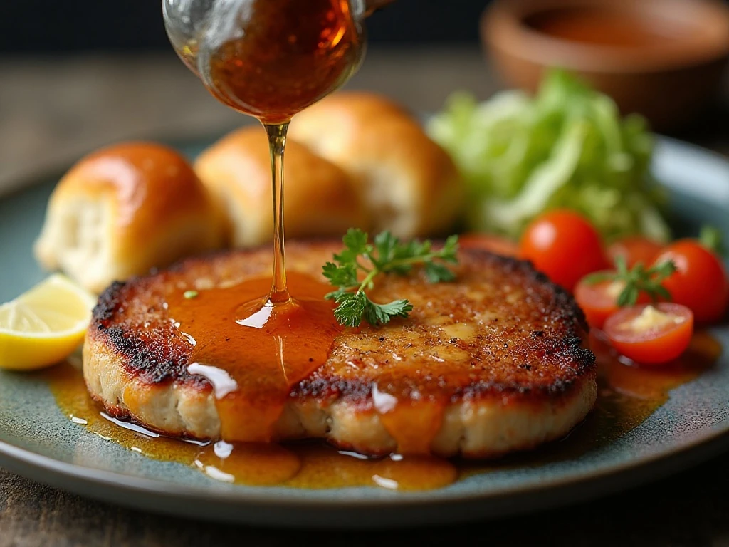 Honey garlic sauce spooned over a crispy pork chop with sides