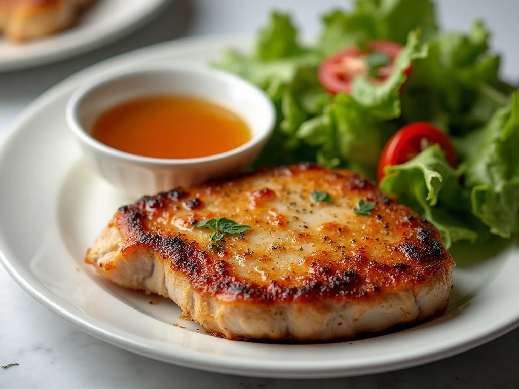 Stored pork chop reheated with honey garlic sauce on the side