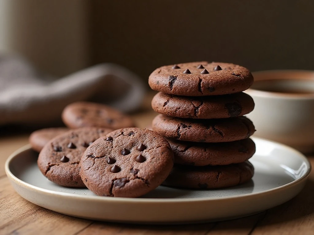Stack of double dark chocolate chip shortbread cookies