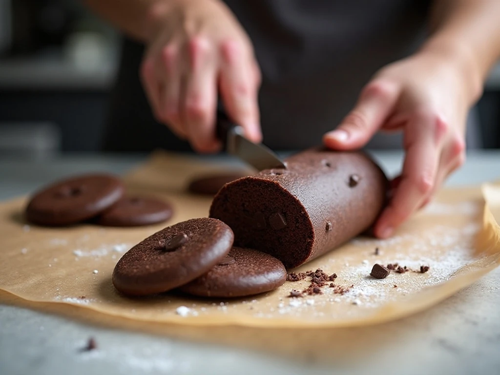 Slicing chilled chocolate shortbread cookie dough into rounds