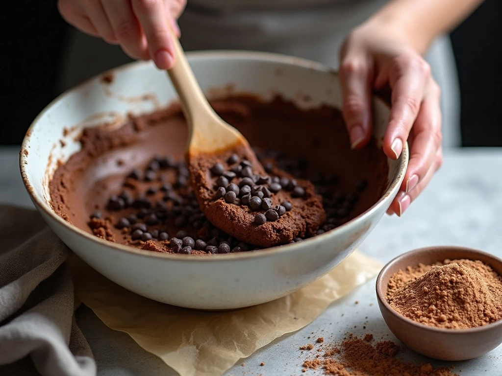Folding dark chocolate chips into shortbread dough