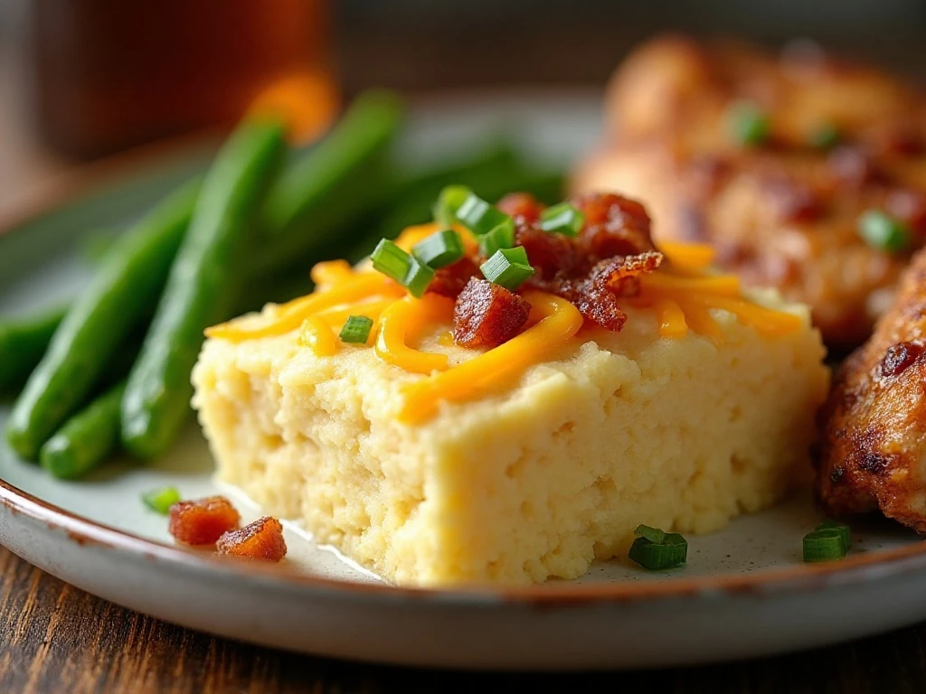 Serving of creamy double-layered mashed potato casserole with cheddar, bacon, and green onions
