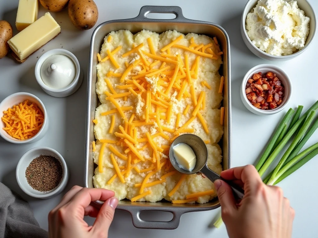 Ingredients for double-layered mashed potato casserole arranged on a kitchen counter