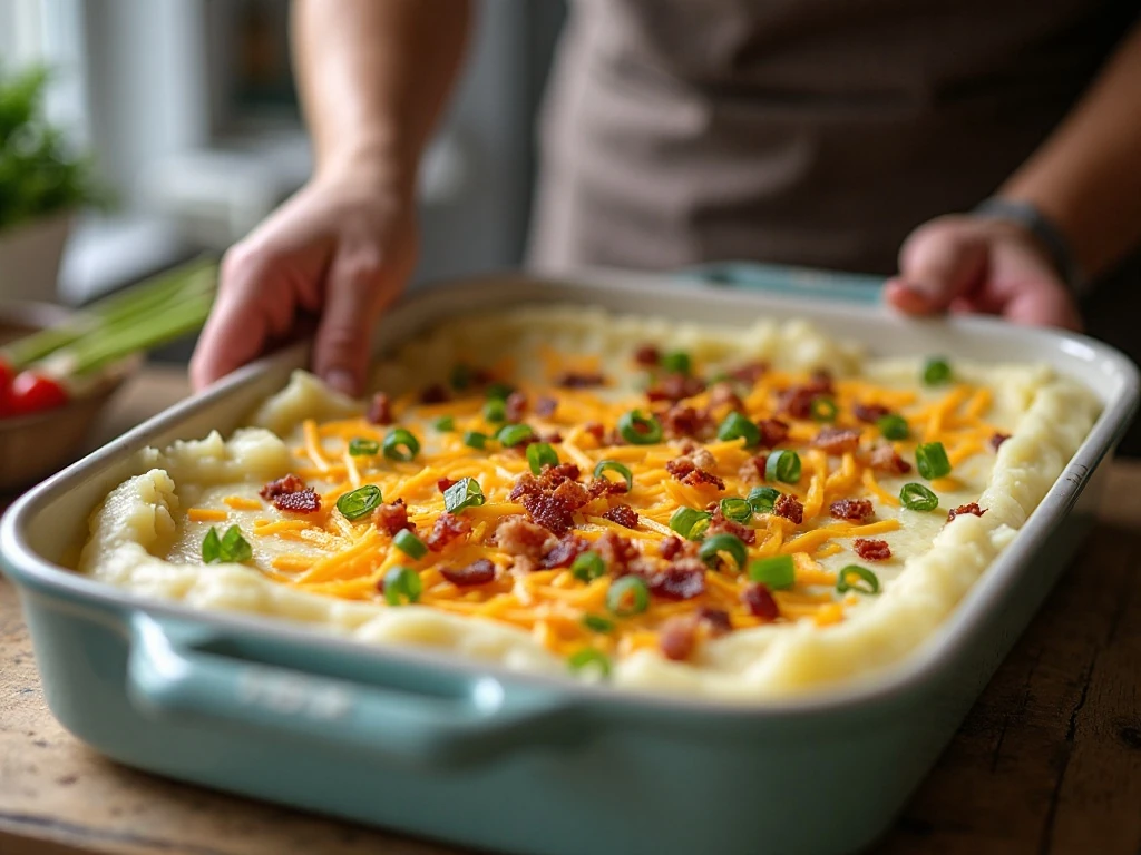 Layering mashed potatoes, cheddar, bacon, and green onions in a casserole dish