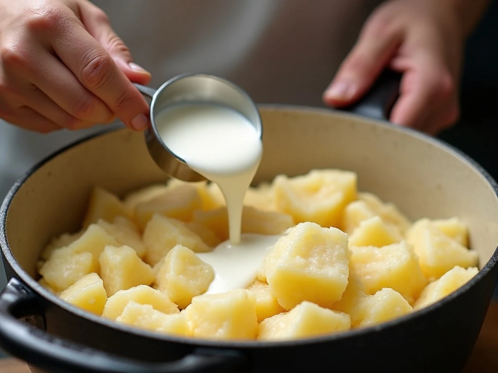 Mashing tender potatoes with butter, cream cheese, sour cream, and milk