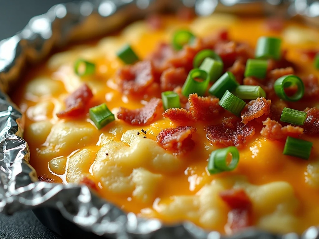Golden baked mashed potato casserole topped with melted cheddar, bacon, and green onions