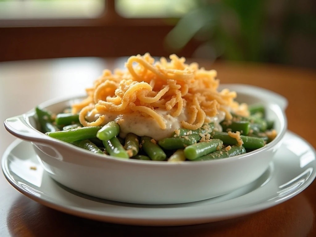 Crowd-sized green bean casserole with a golden crispy onion topping