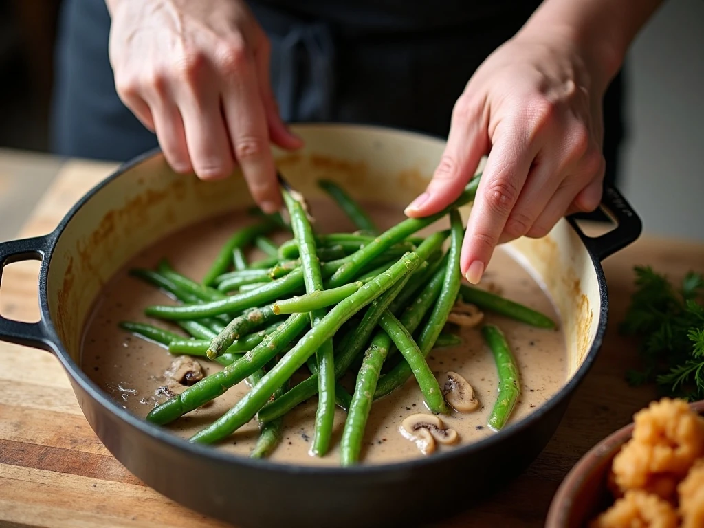 Mixing green beans with creamy mushroom sauce for casserole