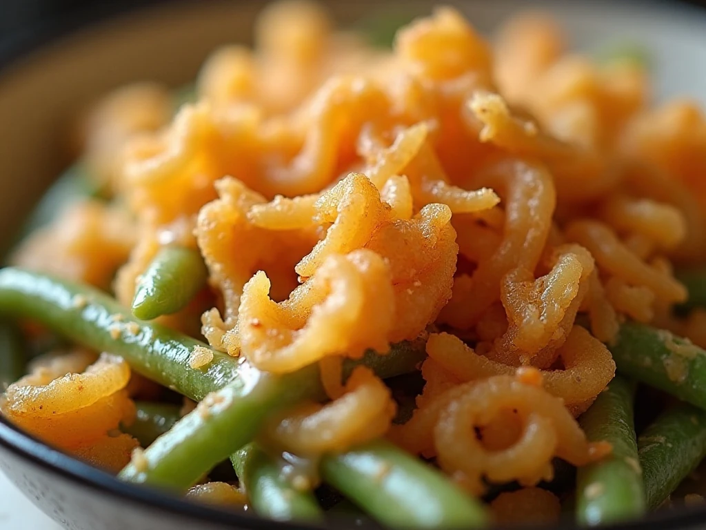 Crisp French-fried onion topping on green bean casserole