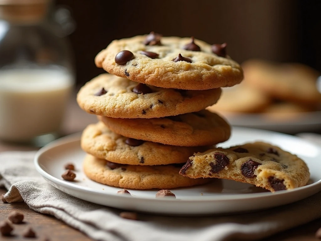 Stack of large homemade DoubleTree chocolate chip cookies with walnuts