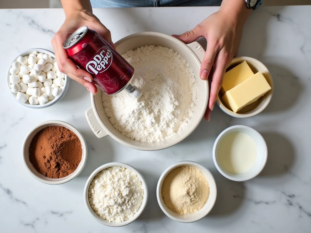 Ingredients for homemade Dr Pepper chocolate cake