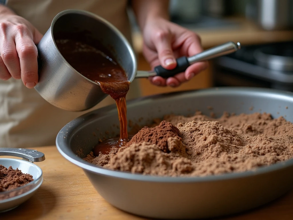 Preparing the warm Dr Pepper chocolate mixture for cake batter