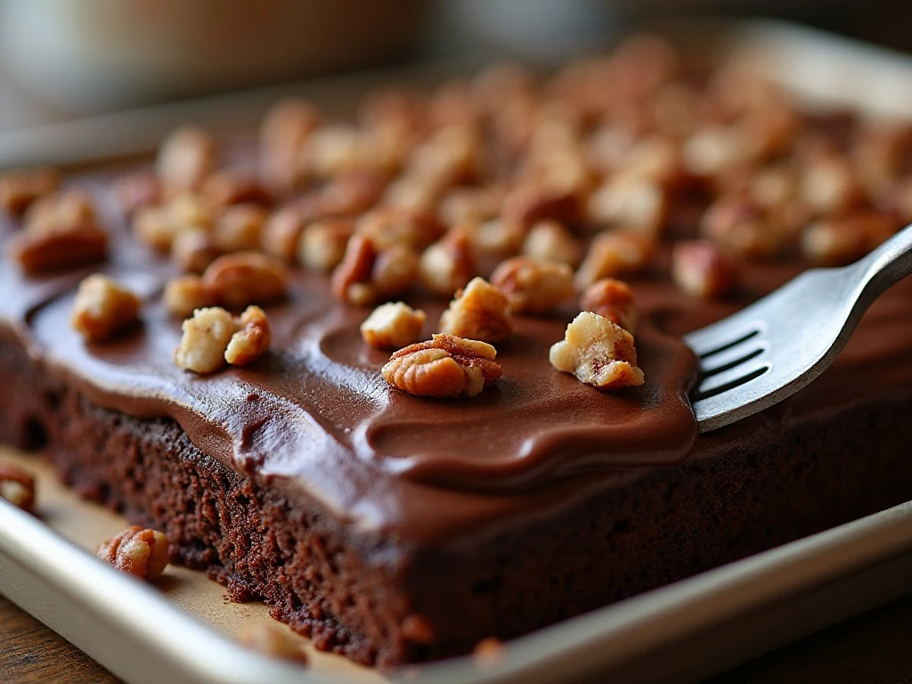 Glossy chocolate frosting and pecans on Dr Pepper cake