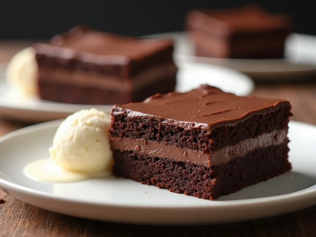Served slice of Dr Pepper chocolate cake with vanilla ice cream
