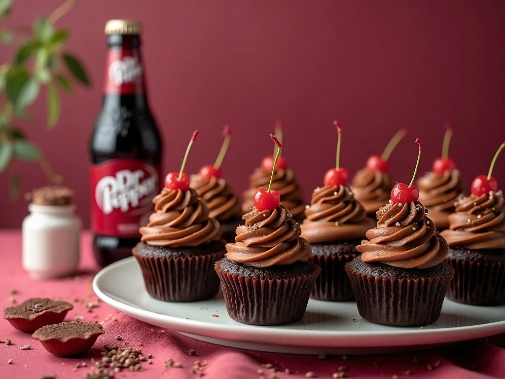 Chocolate Dr Pepper cupcakes with soda-infused frosting arranged for serving