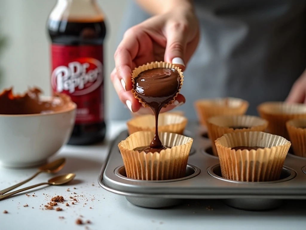 Chocolate Dr Pepper cupcake batter portioned into paper-lined muffin cups