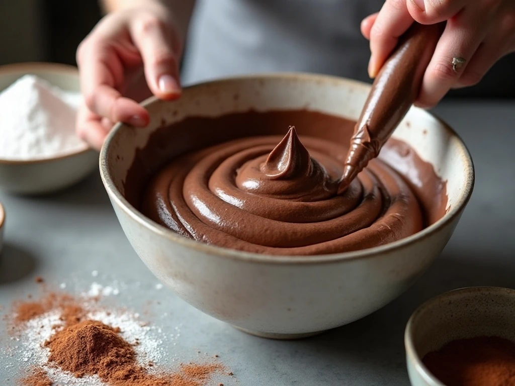 Smooth chocolate frosting prepared for piping onto Dr Pepper cupcakes
