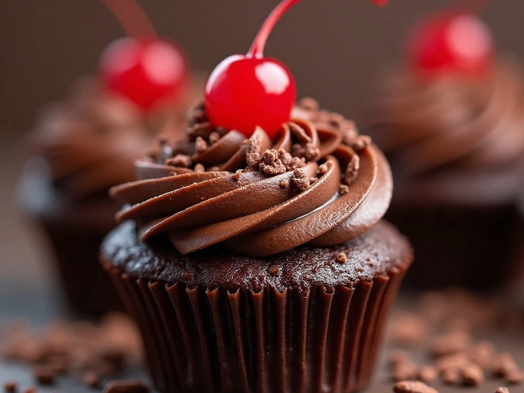 Close-up of Dr Pepper cupcake frosting with chocolate sprinkles and a cherry